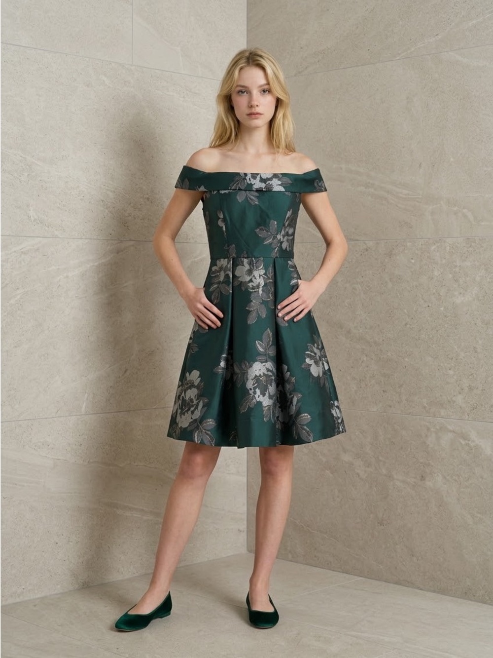 Eliza J Emerald Green One-Shoulder Floral Cocktail Dress size 2